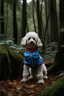 Placeholder: perro de traje de superheroe estilo caniche en los bosques chaqueños