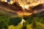 Placeholder: the most beautiful panoramic landscape, oil painting, where the mountains are towering over the valley below their peaks shrouded in mist, the sun is just peeking over the horizon producing an awesome flare and the sky is ablaze with warm colors and stratus clouds. a giant dreamy waterfall creates a river, it is winding its way through the valley and the trees are starting to bloom in a great variety of colors, by greg rutkowski, aerial view