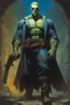 Placeholder: Frankenstein, The Punisher, extremely tall, 6'6" 250lbs, thick, muscular, crew-cut blonde hair, blue eyes - multicolored watercolor stained wall in the background, in the art style of Boris Vallejo, Frank Frazetta, Julie bell, Caravaggio, Rembrandt, Michelangelo, Picasso, Gilbert Stuart, Gerald Brom, Thomas Kinkade, Neal Adams - professional quality studio 8x10 UHD Digital photograph by Scott Kendall - paint splattered wall in the background, multicolored overhead spotlight, Photorealistic, rea