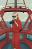 Placeholder: 23 years old girl, with blond hair and a messy bun. standing on in a red boat, wearing red clothes and looking trough binoculars watching something in the middle of the sea. You see the whole boat. You see the gril in front. It's a ferry. Wes anderson style. In front. Sarcastic vibe. Old school interior. she stands in the kitchen of the boat