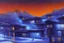 Placeholder: Night, winter, cyberpunk buildings in the mountains, tendency to science fiction, impressionism painting