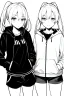 Placeholder: blonde girl with ponytails dressed in a jacket and shorts walks proudly, greyscale