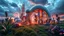 Placeholder: Dynamic cifi country side ,hypnotic of 3D structures Symmetry twisting and morphing between cifi plants , cifi flowers and metal geometric 3d structures buildings ,cifi cars, smooth translucent iridescent glass with inner glow and bubbles, varied transparent materials, stormy skies, intense dramatic