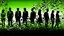 Placeholder: silhouettes of modern business people in a flowery green field, the silhouette is pasted with early 20th century black and white photos of damaged grainy, smoky, dirty industrial estates and business people covered with colorful financial graphicons