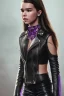 Placeholder: 4K Ultra-HD -- Hailee Steinfeld wearing a black leather jacket and a purple halter top --4k Ultra-HD--Hyper realistic--Cinema lighting