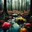 Placeholder: Hyperrealistic photograph, polaroid, irregular swamp, 8k, 3d render, Zdenek Burian, melting horror, tridimensional figures, intricate patterns, forest, sinister scribbles, colors, shot on Hasselblad, Yves Tanguy, 33mm photography