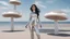 Placeholder: A woman with dark hair in a silver robotic catsuit, standing on a beach with flying mushrooms looking like parasols, with octopus tentacles in the air