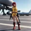 Placeholder: high res cinematic photo by Hajime Yatate: Faye Valentine, clad in her iconic outfit (a yellow short and a yellow latex crop top, under a red bubble sleeveless jacket), stands on the tarmac of Aeropuerto on Asteroid Tijuana with leather boots. She points her trusty gun. Amidst noise and dust swirling around the starship, Faye's violet hair is an 80s update of the flapper Bob, reflecting the tech beauty of the alien spaceport. Faye is wild and savage