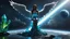 Placeholder: angel with a wings siting on the blue monolith made of blue tiberium crystals of lights, matrix universe, planets on the back grounds, green crystals of tiberium on the life and right