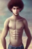 Placeholder: beautiful 12 year old arabic boy with long, curly hair and light blue eyes, not muscular, smiling, shirtless standing next to a 42 year old man