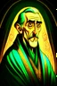 Placeholder: A portrait of Christopher Lee in his forties, dressed as an elven mage in expensive robes, in the style of Genndy Tartakovsky