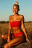 Placeholder: Chiaroscuro lighting, rich, deep colors, create a photorealistic portrait of 18-year-old adult woman, Sports illustrated swimsuit model, Sebrina Cashwell, with a blonde Mohawk hairstyle, wearing a modest red knit string bikini with high-waisted bottoms and a bandeau top, sitting by the Earth in the late afternoon, smiling, natural sunlight casting warm, golden light across her face revealing the texture of her skin, sharp focus on her eyes showing depth, reflection, moisture,