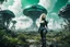 Placeholder: Wide angle photo of a sci-fi woman with blond hair, silver and black futuristic spacesuit looking android-like, standing on an derelict alien jungle planet with cloud trees in multiple green hues