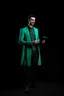 Placeholder: Modern guy, 20s, "holding ipad in left hand", looks like a "renaissance painting look", walking forward, full body, "persian green coat", blue pants, "right hand in to the ground". "Front facing" "forward view" black background