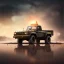 Placeholder: hyperrealistic shot, military toy truck, earth color palette, sharp focus, puddle reflection, tire water splash, refraction, lens flare on the horizon, shadowcast, detailed and intricate, cinematic composition, micro, tilt shift photography