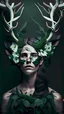 Placeholder: beautiful human with big deer horns made from ivy and white flowers, front facing dark smooth colors, forest green background,