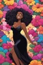 Placeholder: A sassy thick-lined comic style cartoon black female lounging lazily on her side, surrounded by colorful large flower petals. her curvy body silhouette a black maxi dress. Looking up coyly, she grins widely, showing teeth. Her poofy hair forms a mane framing her confident, regal expression.
