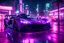 Placeholder: a glowing purple Zonda car zooming through the streets of a neon lit futuristic miami at night and in the rain 8k hyperrealistic