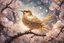 Placeholder: An image of a crystal bird covered in gold etching and diamonds, perched on a branch of cherry blossoms. The scene is illuminated by a soft, ethereal light, enhancing the intricate details and textures of the bird and the surroundings. The art style is detailed, realistic, and captures the magical essence of the scene, trending on ArtStation. The composition combines elements of classical elegance and modern fantasy, reminiscent of the masterful works elegant fantasy intricate high