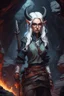 Placeholder: A Dnd Tiefling with a long tail and small horns in a dark cave. A female archeologist with white hair, wearing glasses, in adventurer's clothes. Cunning, beautiful, cool.