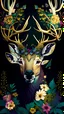 Placeholder: beautiful white man deer with big horns made from beautiful colorfully flowers and gold flower pattern on face, front facing dark smooth colors, forest green background,