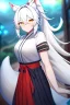 Placeholder: fox girl, masterpiece, best quality, cinematic lighting, detailed outfit, vibrant colors, perfect eyes, golden eyes, long hair, white hair, messy hair, hair between eyes, depth of field, ray tracing, ponytail, hakama, tail,