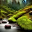 Placeholder: dense florest landscape with a river in a raining day and some rocks, aesthetic, photorealistic