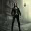 Placeholder: Male, Human, dark long hair, Black Eyes, Young, Hyperrealism, Full Body Shot, City Background, sharp focus, dark, black, steampunk