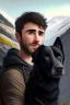 Placeholder: Escape to the mountains, buzzed brown hair guy and cute realistic black dog