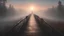 Placeholder: walking straight ahead over a wooden bridge, holding the angel of death with your right hand, entering the fog at the end of the road that leads to the afterlife, a stream from the mountains flows from the right and left, and a beautiful sunset behind the fog, realistic