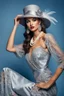 Placeholder: full body beautiful girl, elegant silver,lace clothes of the 80s, luxury style, small elegant hat with feather, hair of the 80s, pearl necklace, earrings masterful, beautiful face,blue backdrop