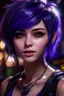 Placeholder: super pretty young woman,good body, big bubs, great purple eyes, black scratched make-up, intense look, purple nice lips, little smile, short purple haired, close up face, front view angle, older mistic temple background, intrincate details, high definition picture, render, master piece, no deformed body, no extra arms, no extra feets, no extra fingers.