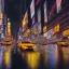 Placeholder: street of new-york, buildings, by night, under rain, one yellow cab, ultra-wide-angle, camera on floor, low-angle shot, extra fine detail, highly intricate, high-quality, volumetric lighting, 8k, ultrahd