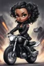 Placeholder: Create a digital airbrush illustration of a chibi cartoon full figure black female riding a sports motorcycle. She is wearing biker jacket and black tights with biker boots. Prominent make up with log lashes and hazel eyes. Extremely highly detailed black shiny wavy hair up in a messy bun. Background of smoke surrounding her and the bike and she's at a bike show.