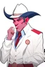 Placeholder: An old male red tiefling wearing a white and blue police comisioner outfit smoking a cig.