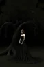 Placeholder: Wednesday in a low-cut black gown standing under a black tree, photorealistic, delicate detail.