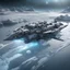 Placeholder: ,large detailed space ship floating on wide ice River on a , beside village, antennas, exhaust ports , stopped, , luminescent , 35 mm focal length