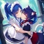 Placeholder: Clear Focus, High resolution, wearing a maid uniform, fluffy hair and a long ponytail, blue hair, cat ears, meowing, hugging another girl with red long fluffy hair also wearing a maid outfit, looking at you