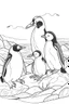 Placeholder: A family of penguins huddled together on a snowy cliff, their sleek bodies perfectly adapted to the harsh Antarctic climate., clean line art, monochrome, for kids coloring book, white background
