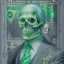 Placeholder: a head and shoulders portrait of a skeleton dressed in a three-piece suit as the president of the united states, based on us currency, united states one dollar bill, shades of green, real-life, colors match the united states one dollar bill, realistic, robotic,