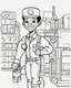 Placeholder: coloring page, depicting a black kid as an Engineer, full body, outline, black and white, highly defined, white background, empty background, cartoon style, coloring book style