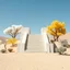 Placeholder: A realistic photograph of a desert landscape with a brutalist-style light concrete structure in the center, with very high steps that are impossible to climb, and trees around it in white, yellow, and blue.