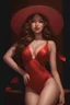 Placeholder: full color - 3D full body Portrait, smiling Melvina Gibson, red, perfect face, perfect copper eyes, dark hair, glamorous, gorgeous, delicate, romantic, red bathing suit, realistic, romanticism, red tones - Pitch black Background - dark, wood panel wall in the background