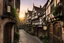 Placeholder: Old English Tudor Alley with shops, signs, bridges, and balconies, sunset, warped and grubby