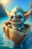 Placeholder: cute happy tiny ocean demon sitting in a boat, intricately detailed, photorealistic, oil on canvas, trending on art station, high definition, hdr, cute, beautiful in sunshine