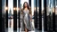 Placeholder: very beautiful model lady with makeup and beautiful modern fashion midi pleated velvet dark silver lace skirt with lace edges and modern loose lace top with a loose over, curvy silver long hair, standing in a modern city open satge with 8 cubic mirrors(each with 4 equal hight and equal width, vertical mirror), each vertical on its own short rotating base. with some small lights on crystal frames, on roof of a skyscraper with city escape at background, with animating dynamic lights with high