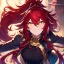 Placeholder: girl, masterpiece, best quality, volumetric lighting, detailed outfit, perfect eyes, red hair, long hair, vibrant golden eyes, ponytail, messy hair, hair in between the eyes, jacket,