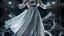 Placeholder: a 3d fractal stage structre made of metallic dark color 3d structures, pertty artistc background,dynamic lights,a beautiful lady in pretty maxi skirt and blouse dancing on stage