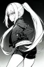 Placeholder: blonde girl with ponytails dressed in a jacket and shorts walks angry, greyscale