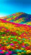 Placeholder: A picture of a hill of field of flowers made of a plastic painting with colors that express joy 8k
